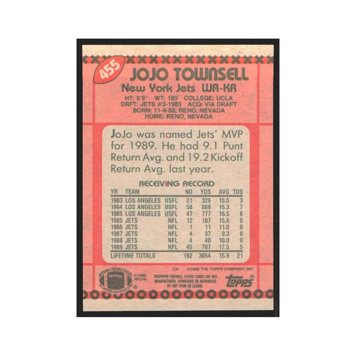 1990 Topps Jo Jo Townsell Jets #455