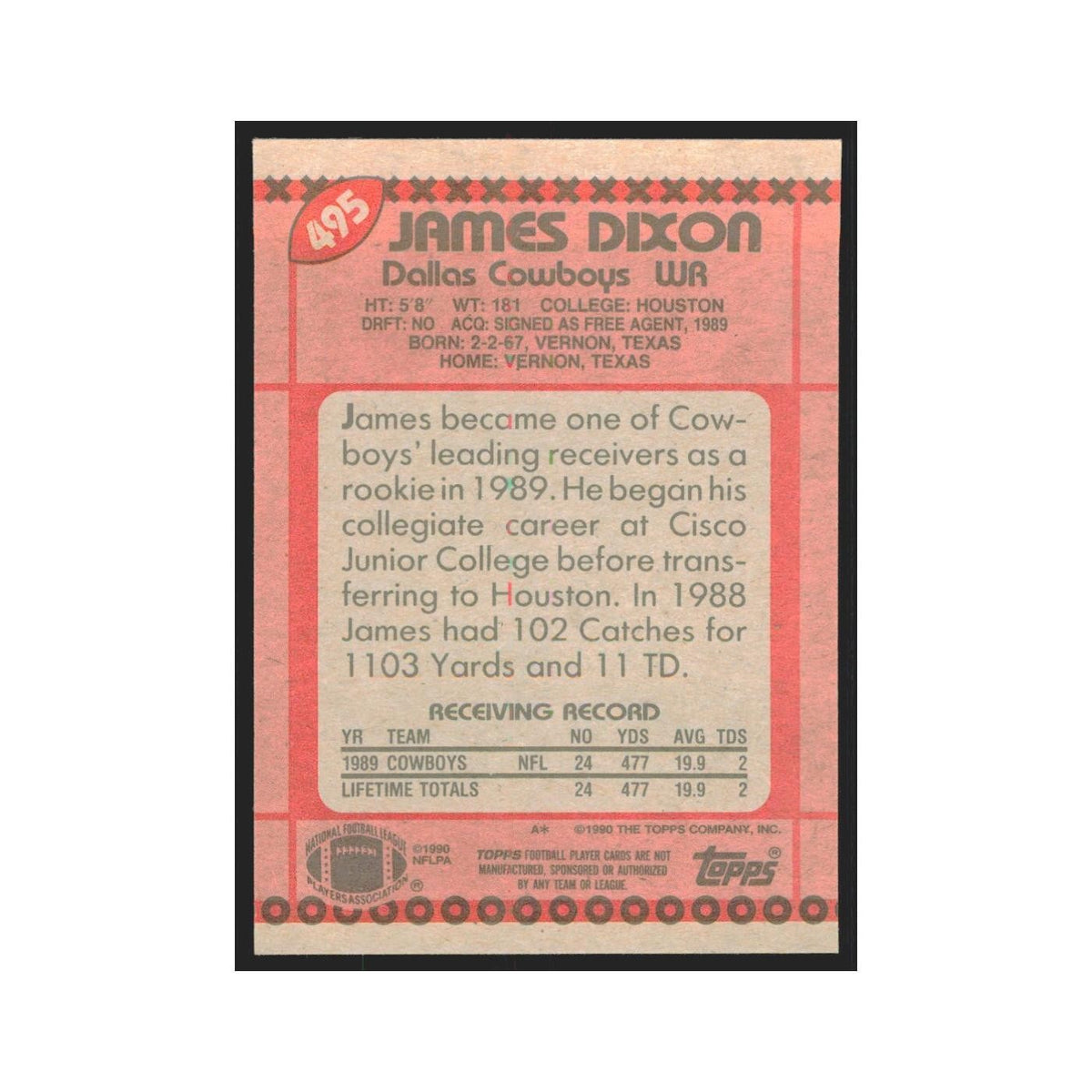 1990 Topps James Dixon RC Cowboys #495