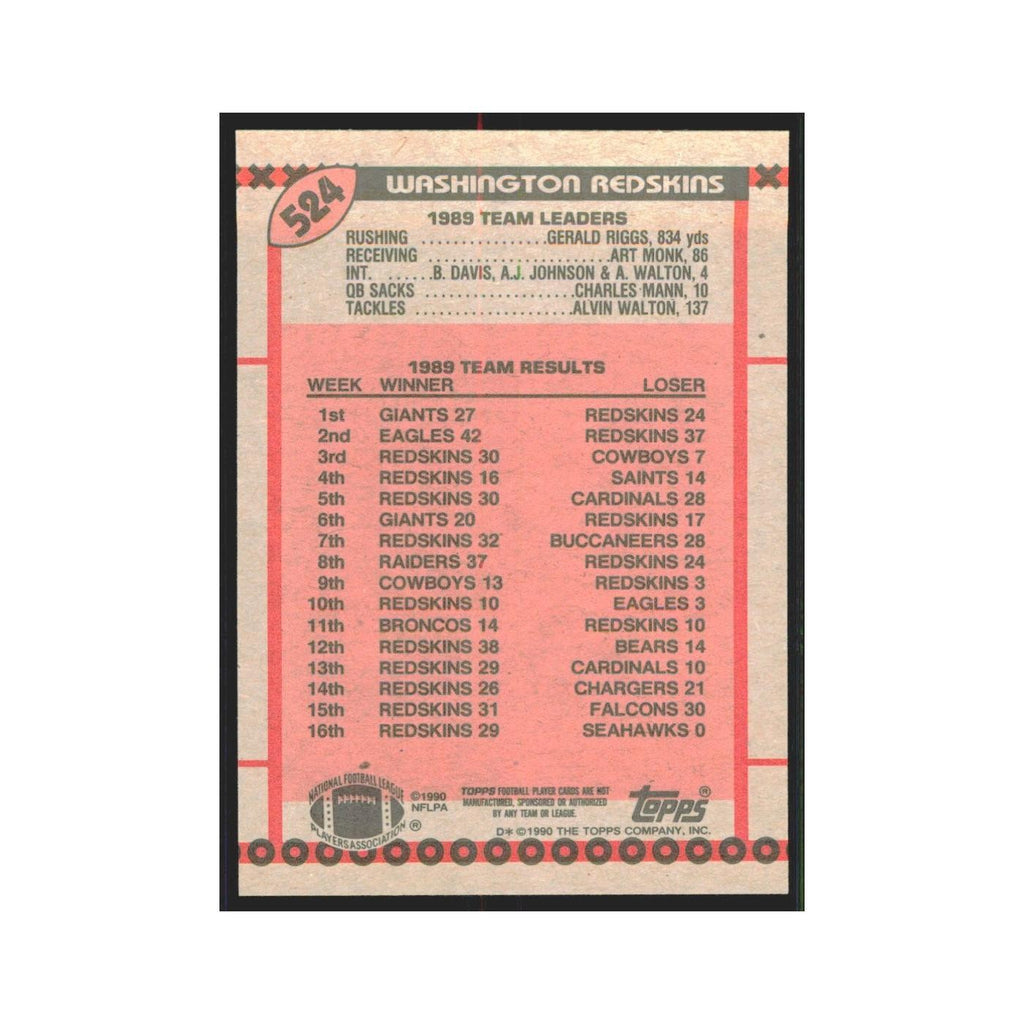 1990 Topps Redskins Team Redskins #524