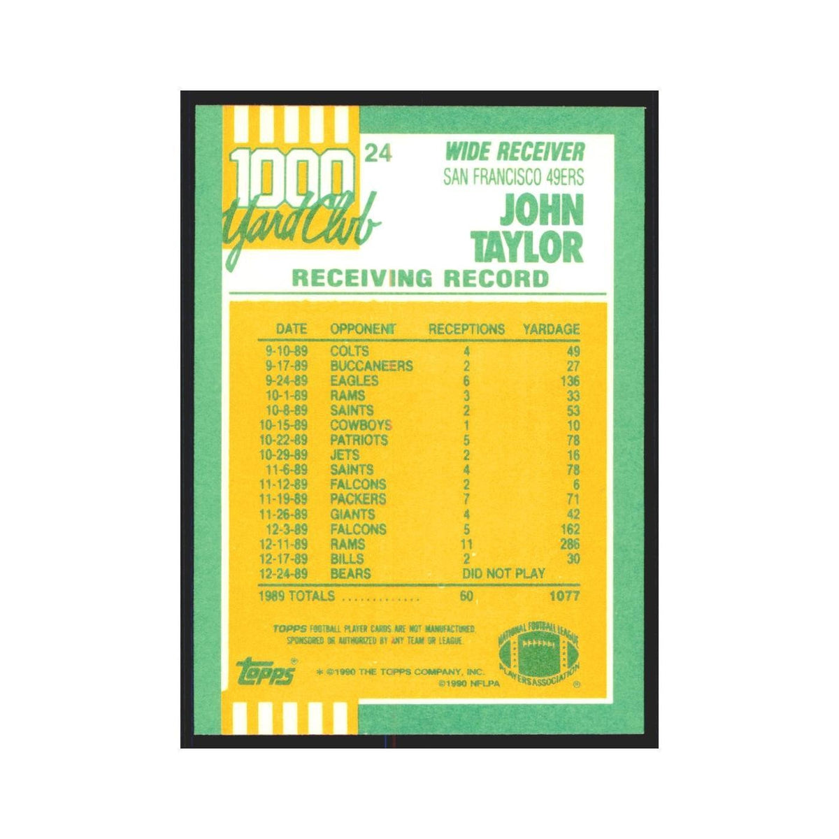 1990 Topps 1000 Yard Club John Taylor 49ers #24