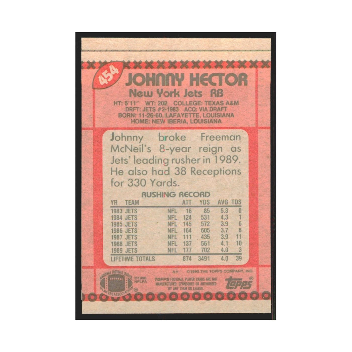 1990 Topps Johnny Hector Jets #454