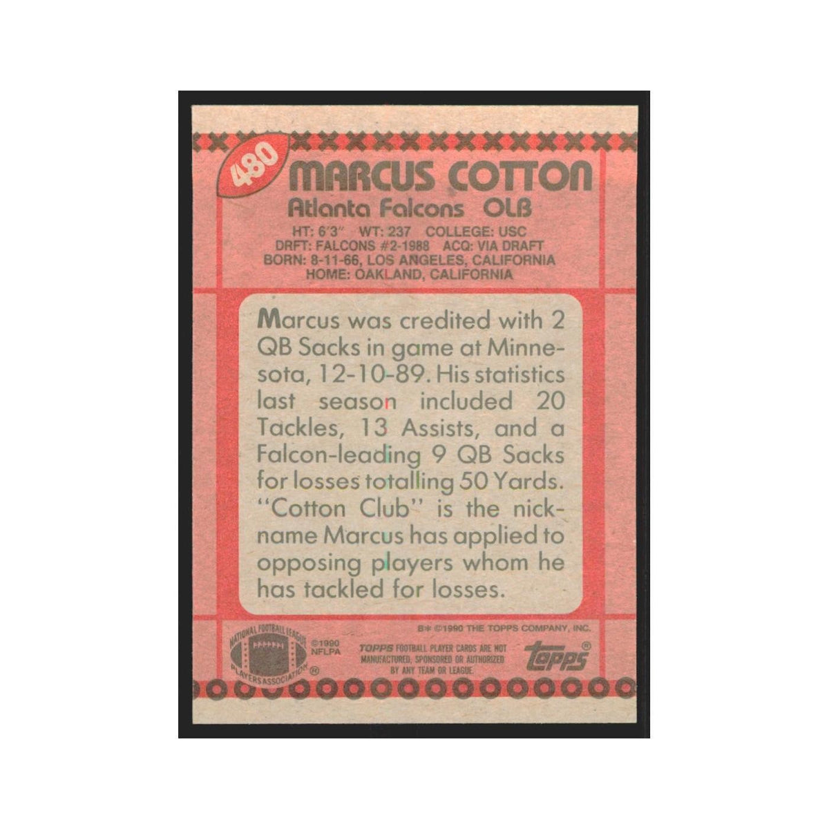 1990 Topps Marcus Cotton Falcons #480