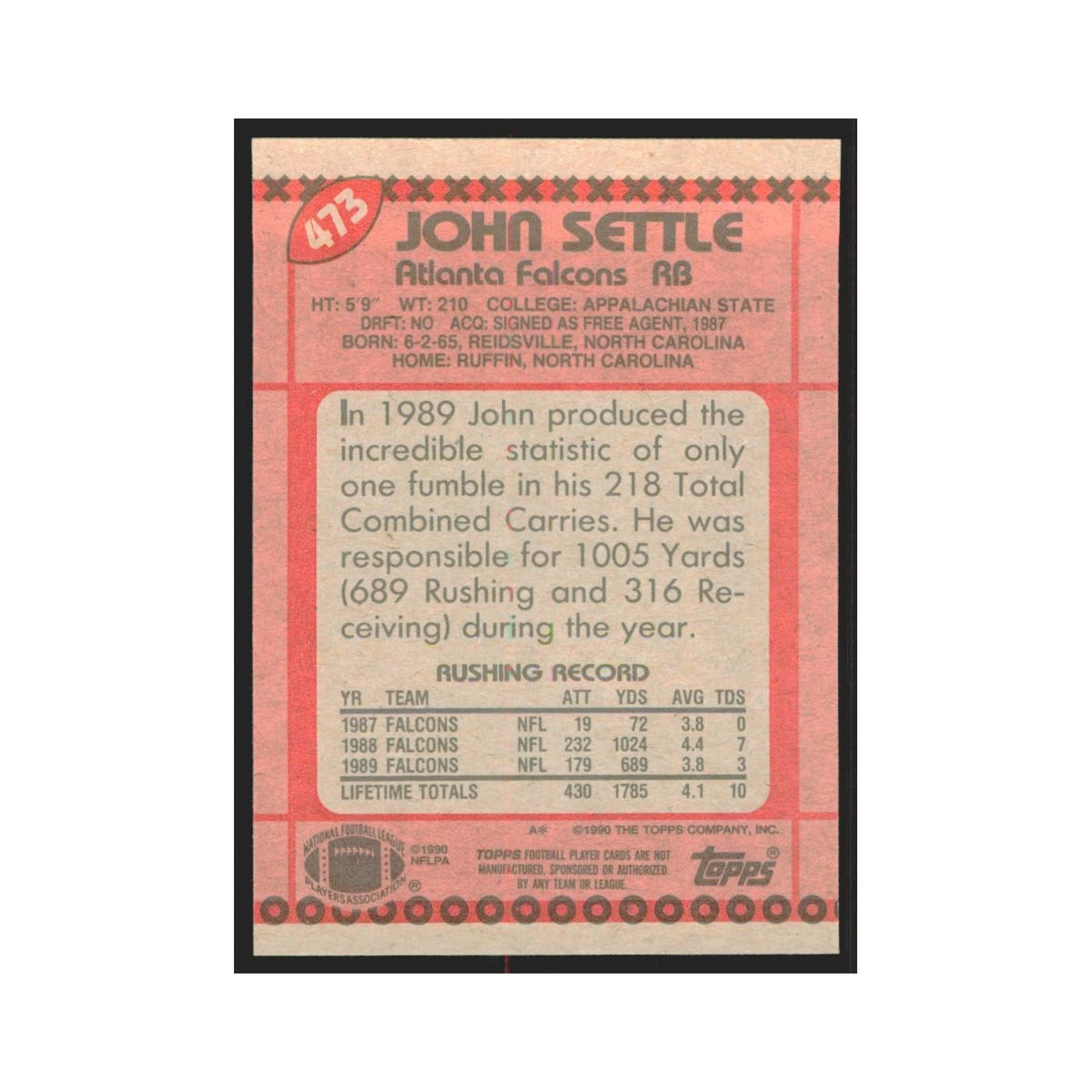 1990 Topps John Settle Falcons #473