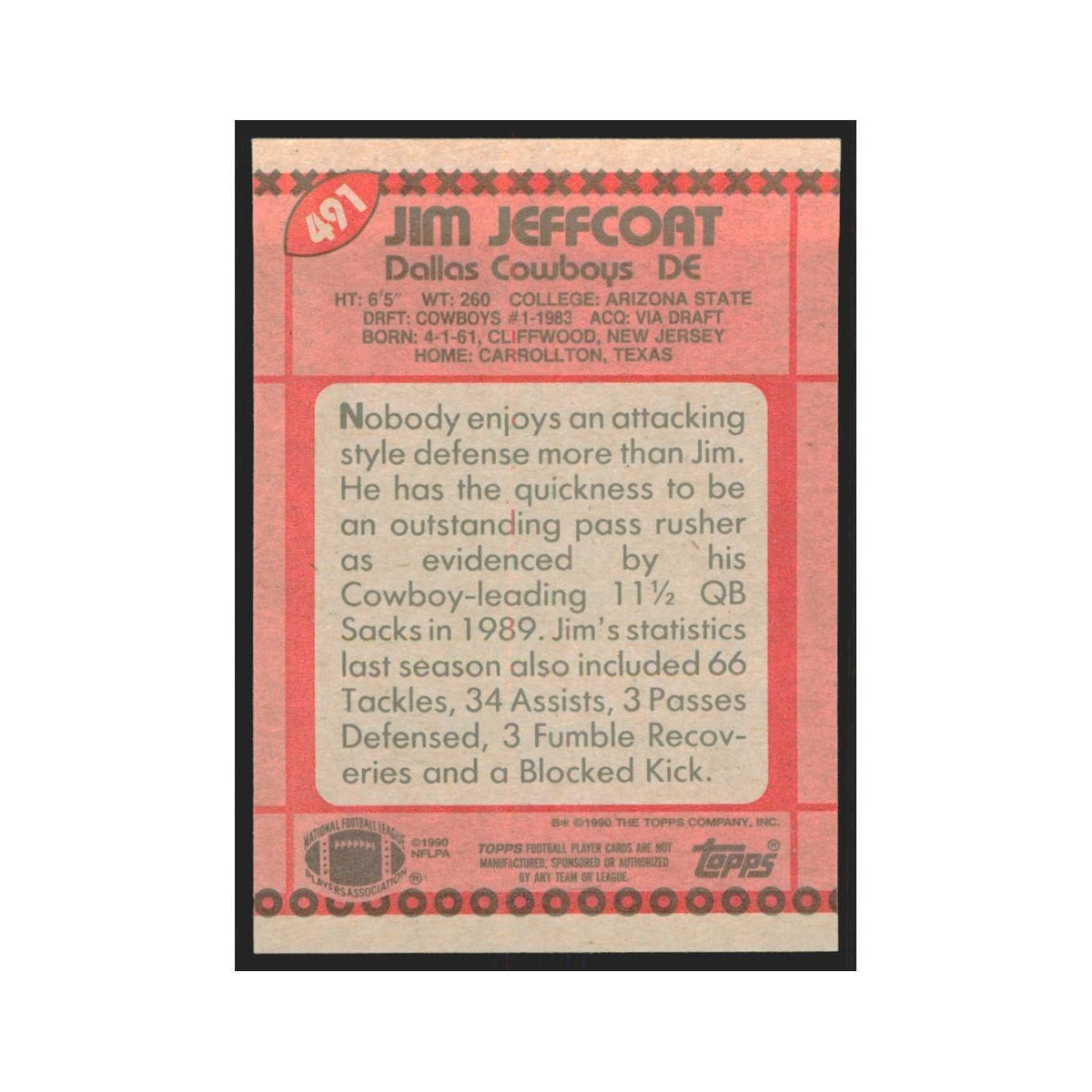 1990 Topps Jim Jeffcoat Cowboys #491
