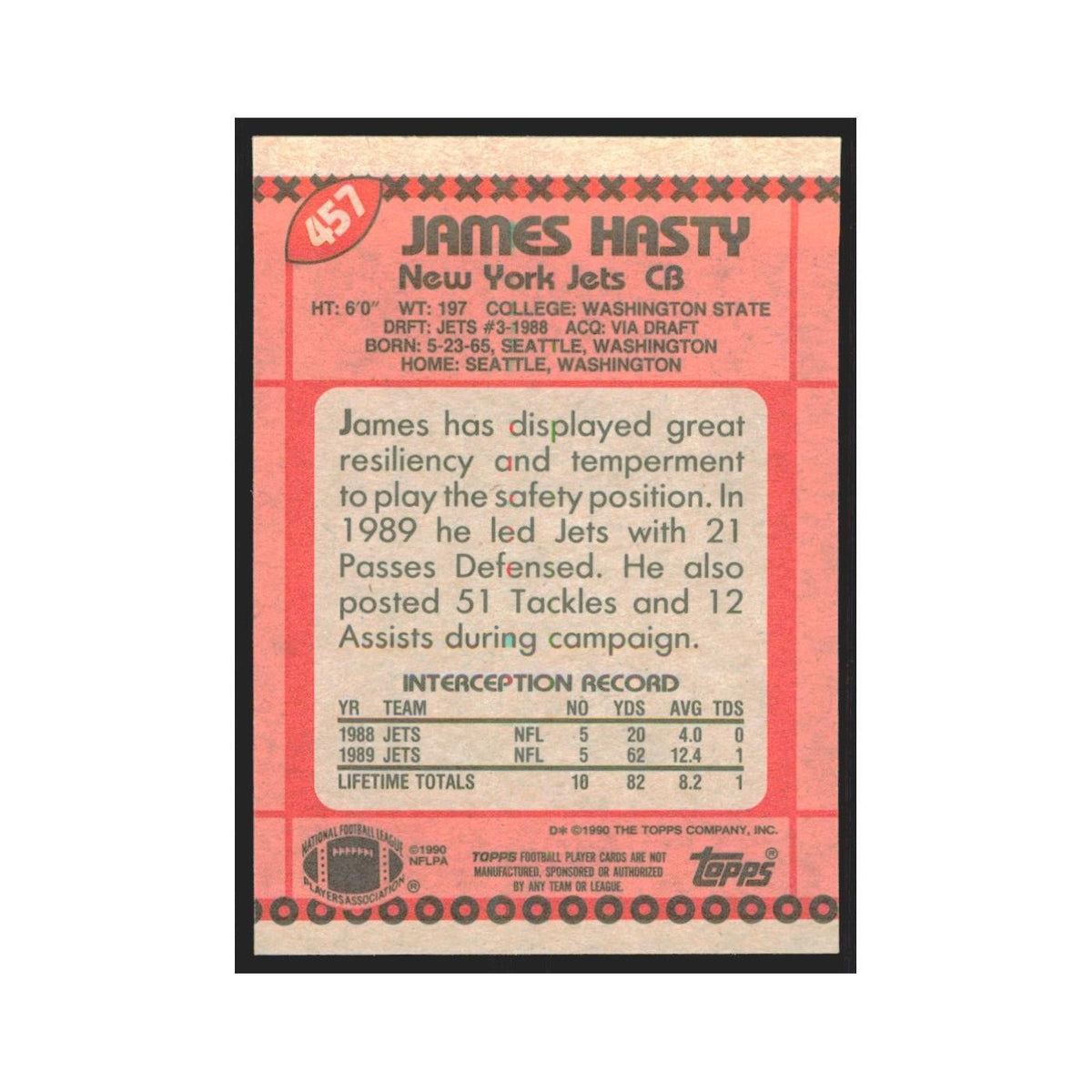 1990 Topps James Hasty Jets #457