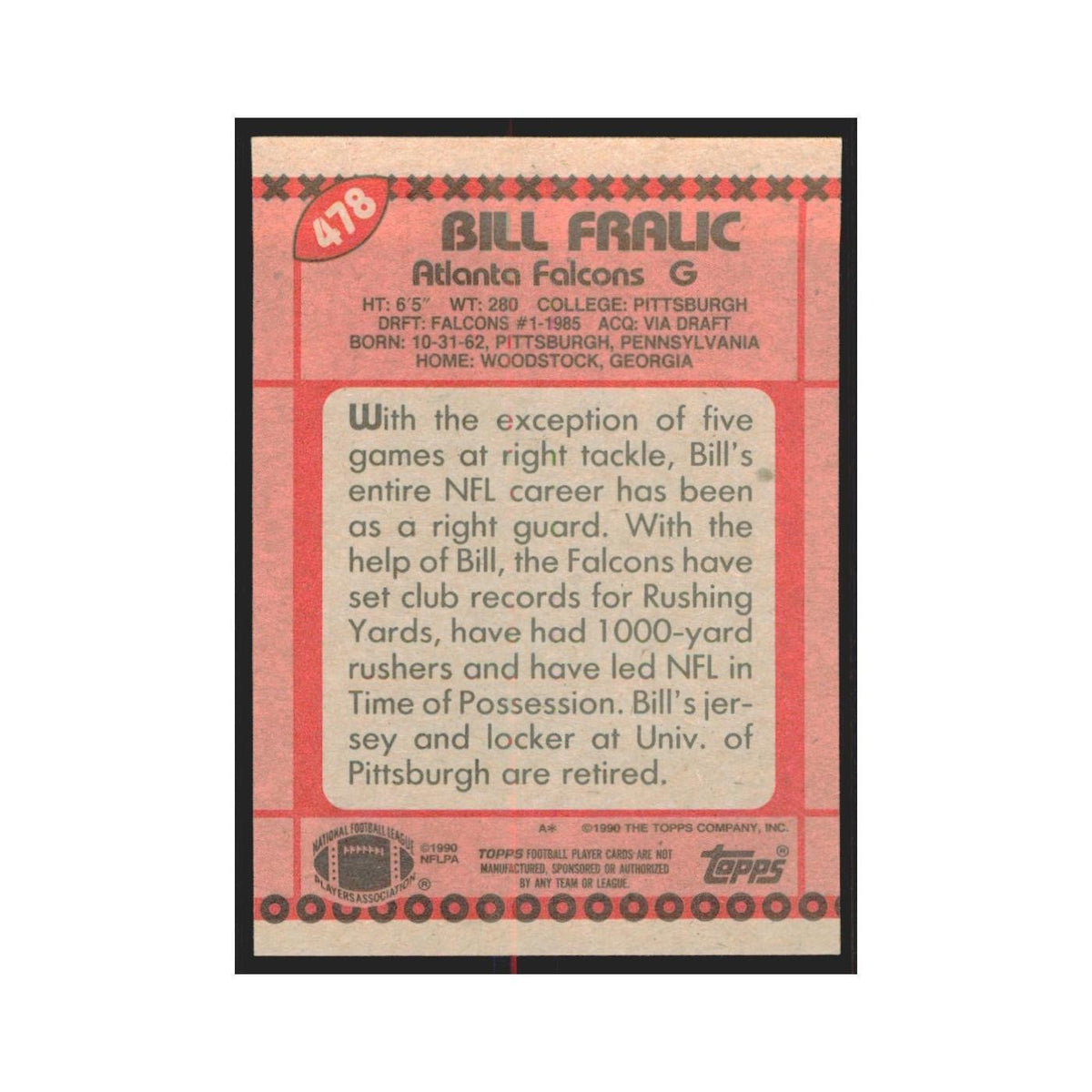 1990 Topps Bill Fralic Falcons #478
