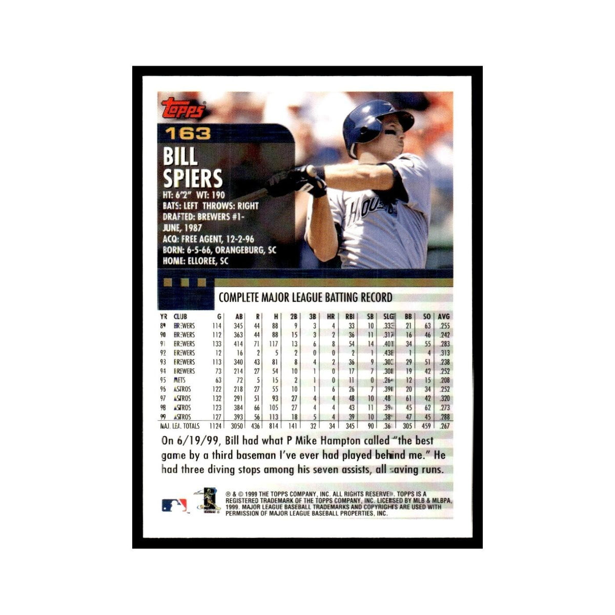 Bill Spiers 2000 Topps #163 Houston Astros Baseball Card NM
