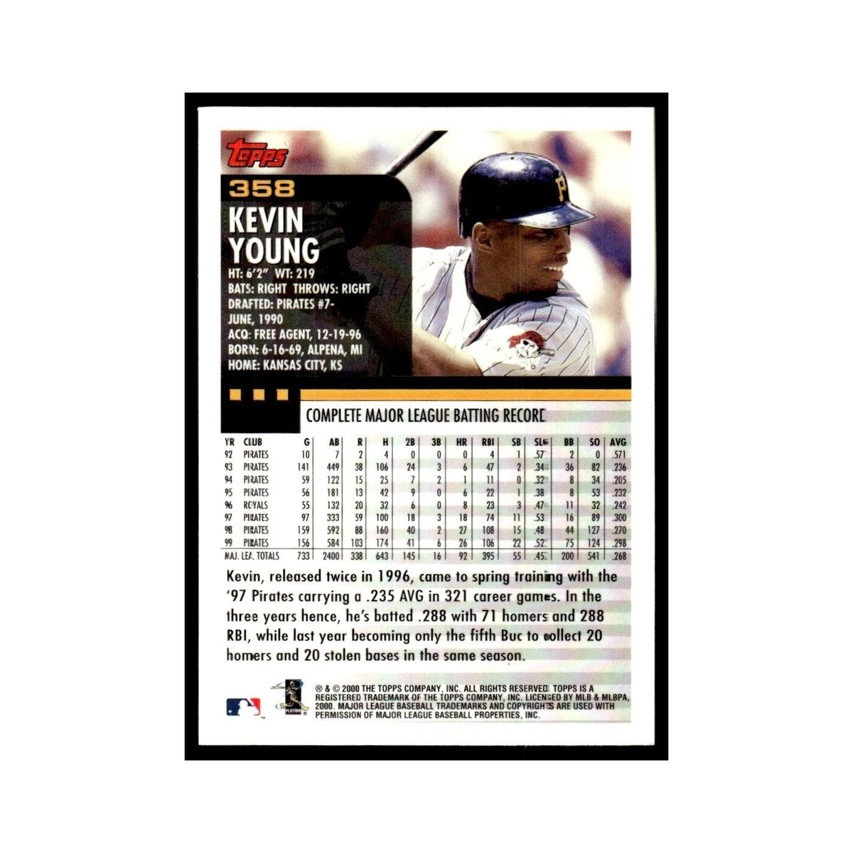 Kevin Young 2000 Topps #358 Pittsburgh Pirates Baseball Card NM