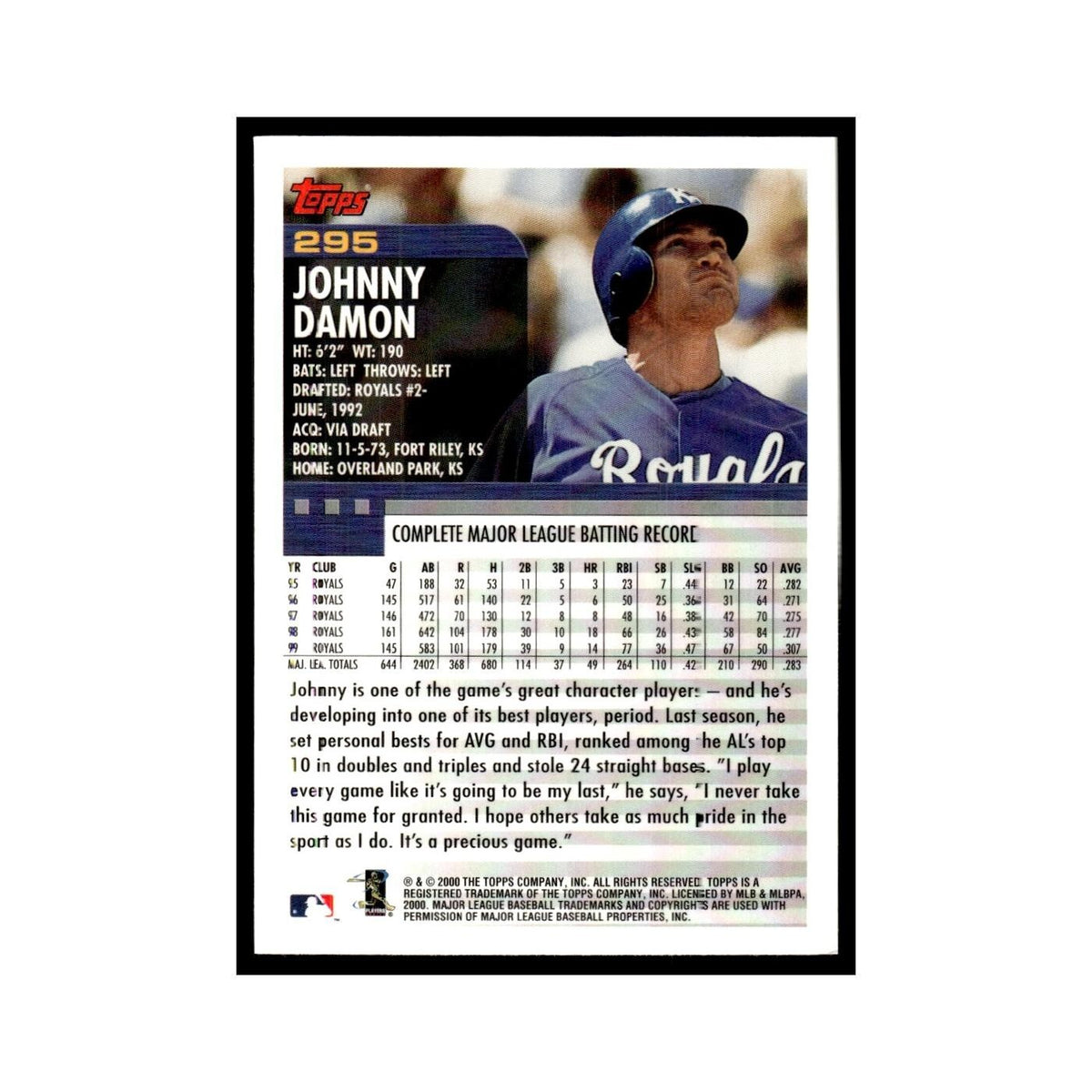 Johnny Damon 2000 Topps #295 Kansas City Royals Baseball Card NM