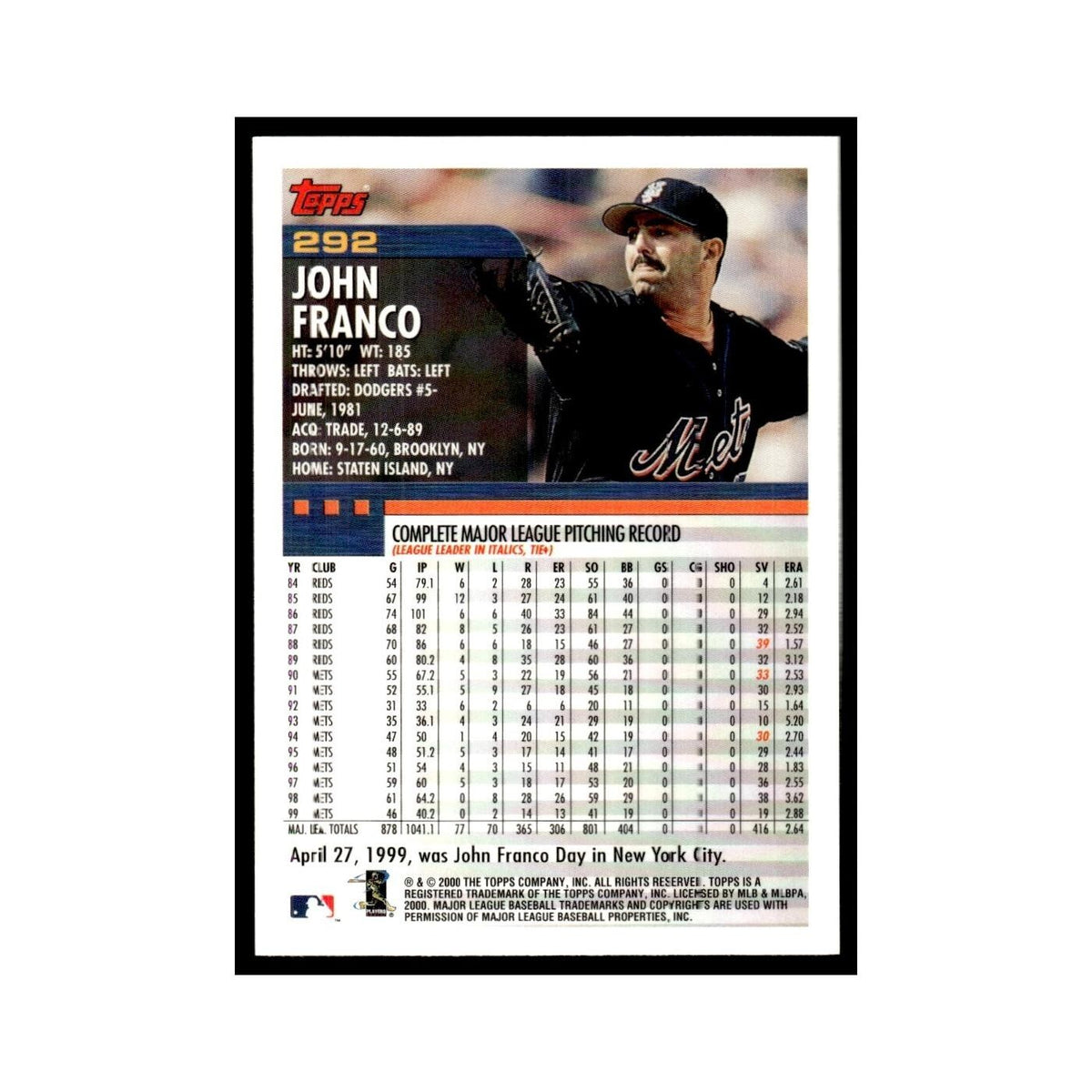John Franco 2000 Topps #292 New York Mets Baseball Card NM