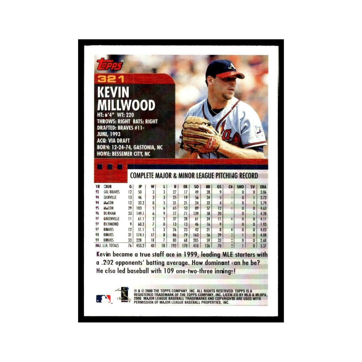 Kevin Millwood 2000 Topps #321 Atlanta Braves Baseball Card NM