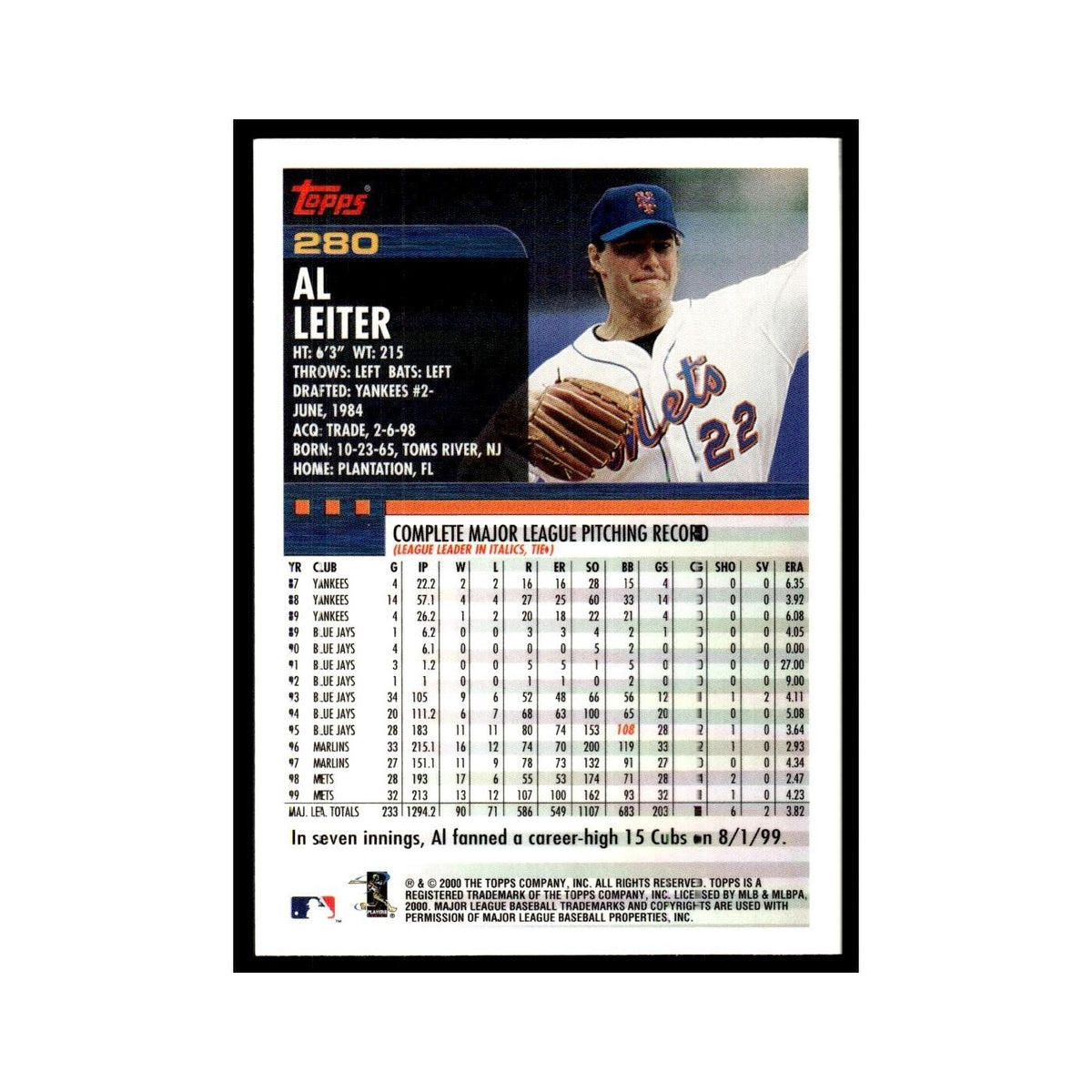 Al Leiter 2000 Topps #280 New York Mets Baseball Card NM
