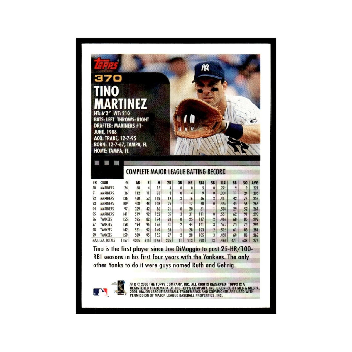 Tino Martinez 2000 Topps #370 New York Yankees Baseball Card NM