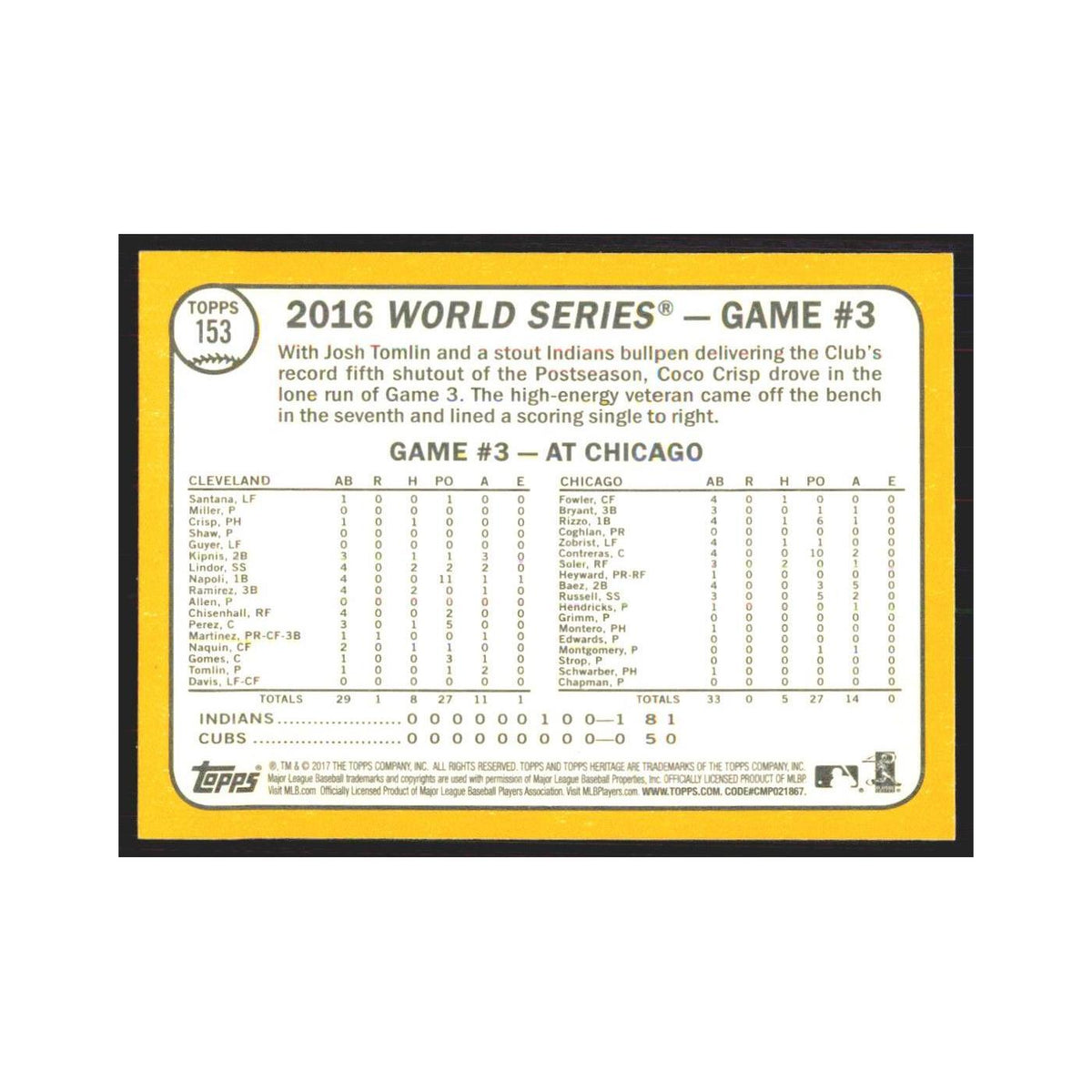 2017 Topps Heritage Crisp Clutch for Cleveland Indians #153