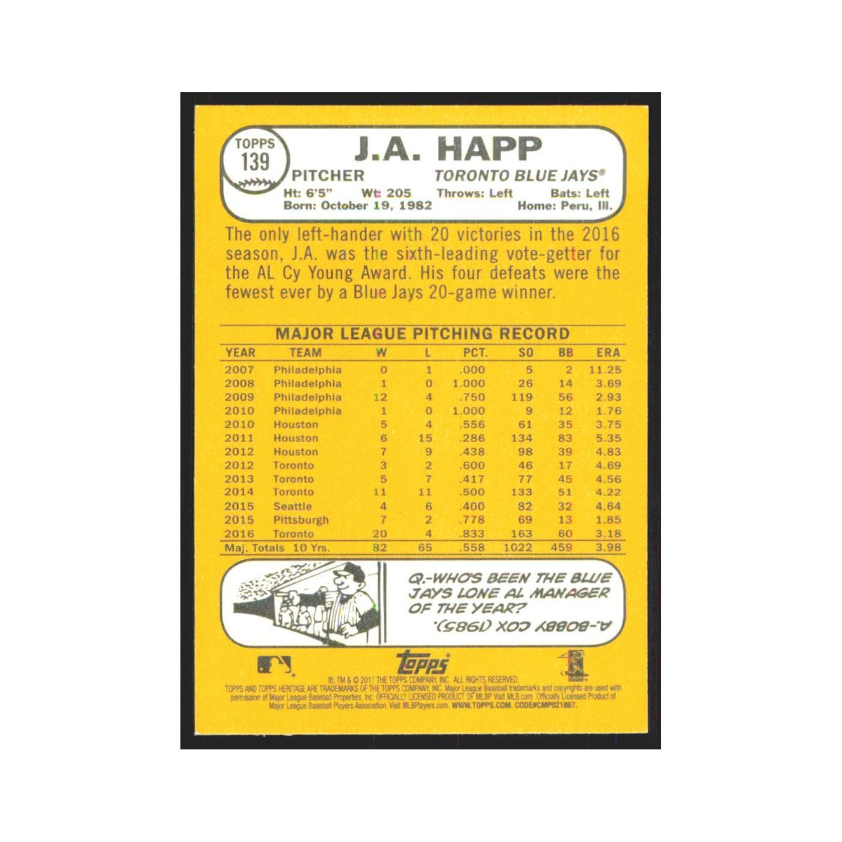 2017 Topps Heritage J.A. Happ Blue Jays #139