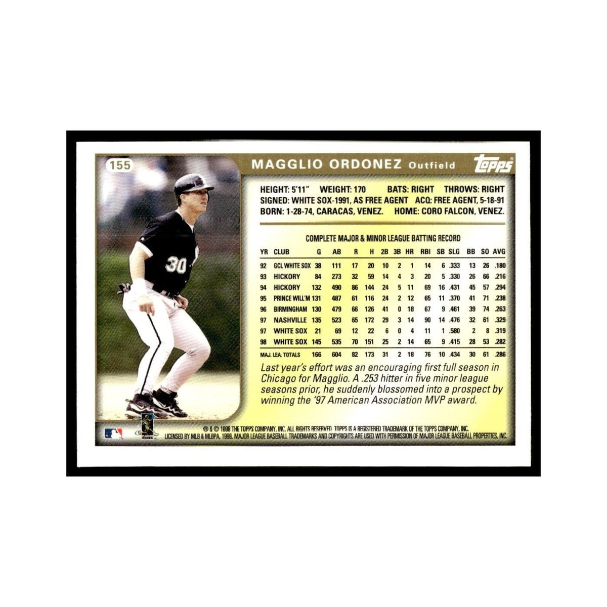 Magglio Ordonez 1999 Topps #155 Chicago White Sox Baseball Card NM