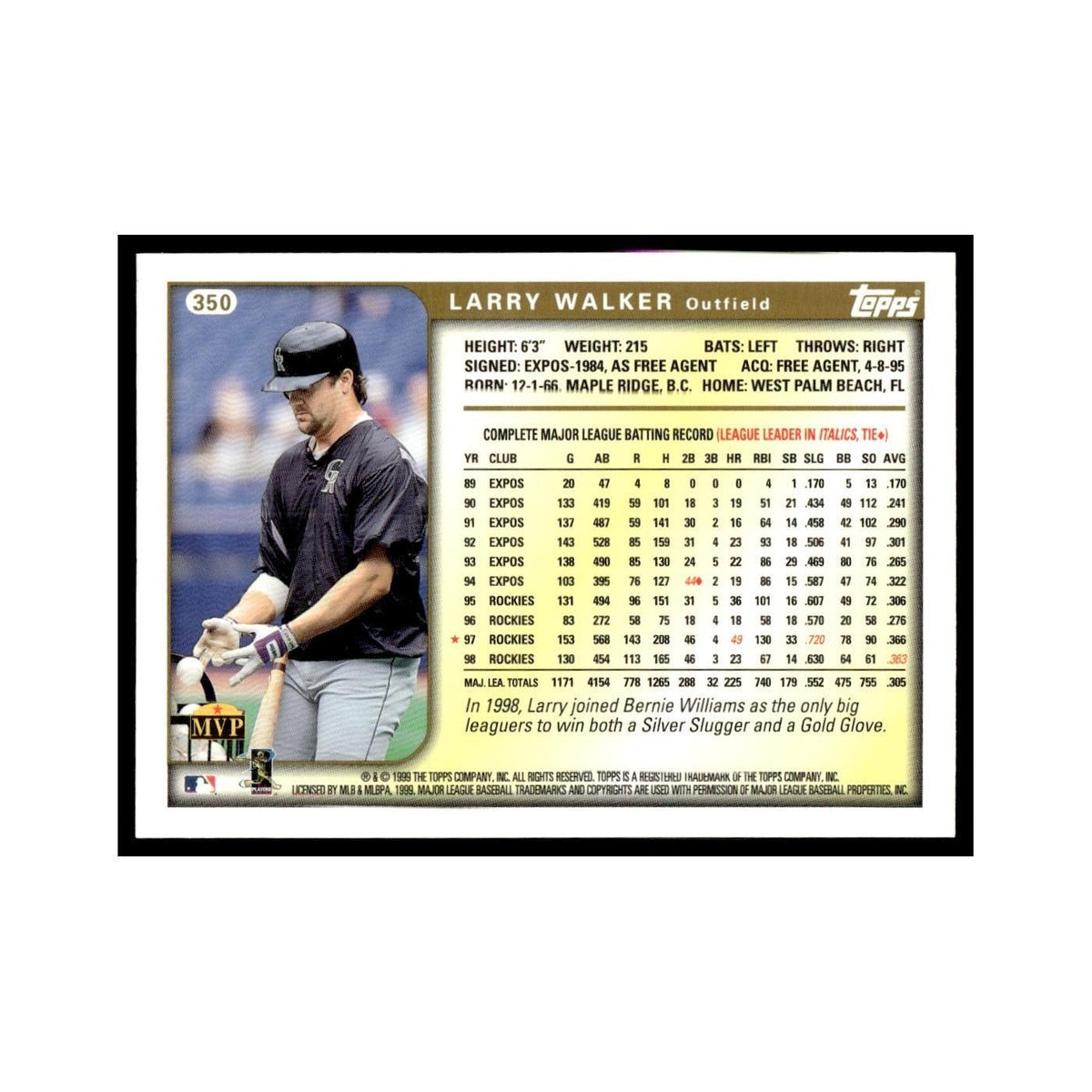 Larry Walker 1999 Topps #350 Colorado Rockies Baseball Card NM