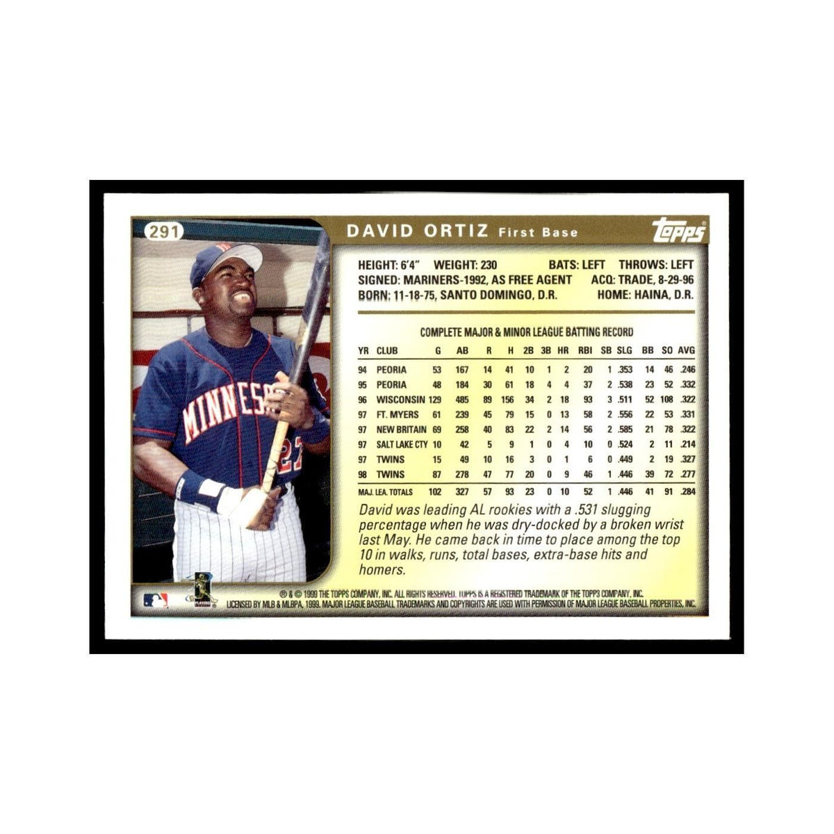 David Ortiz 1999 Topps #291 Minnesota Twins Baseball Card NM