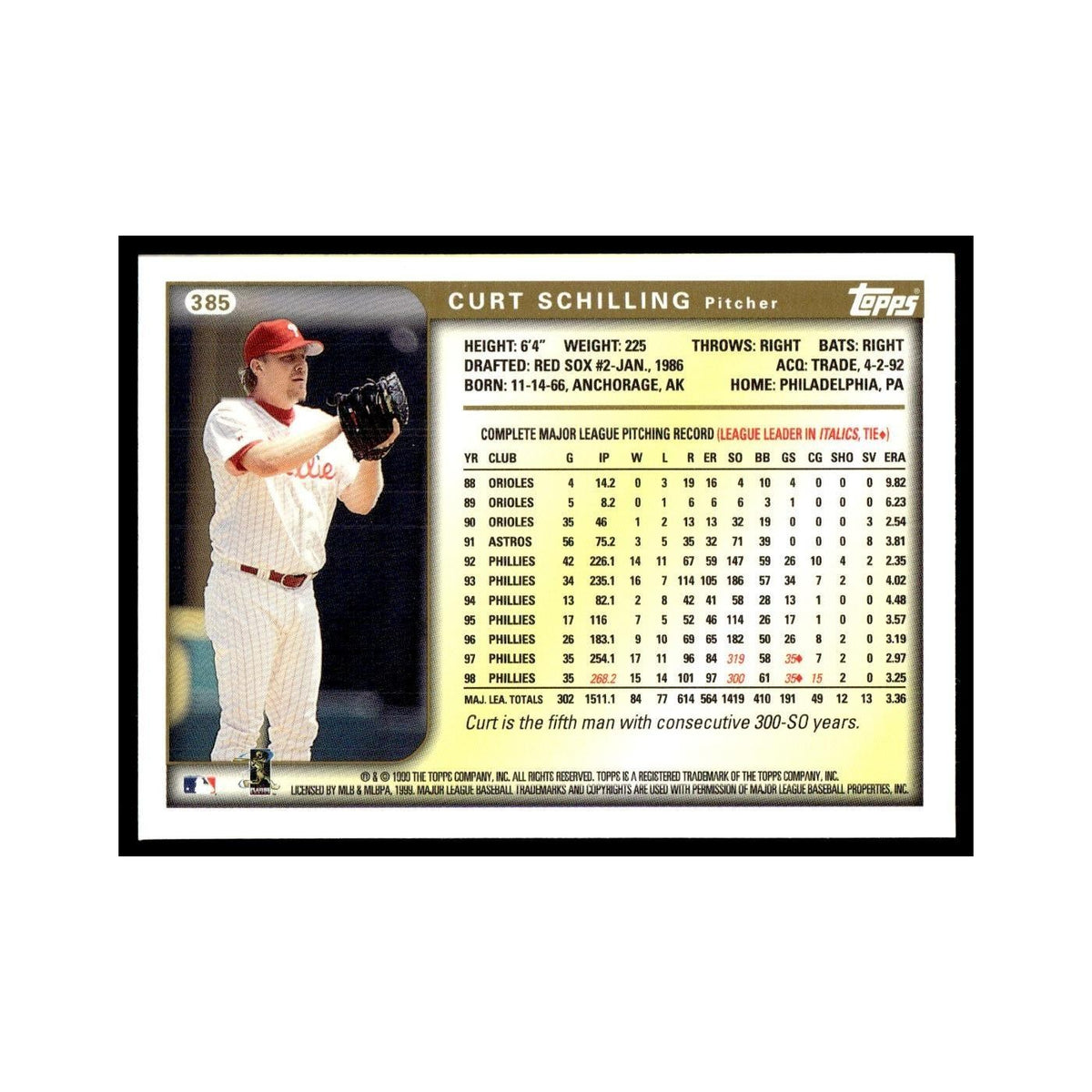 Curt Schilling 1999 Topps #385 Philadelphia Phillies Baseball Card NM