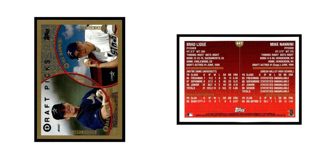 Brad Lidge Mike Nannini Rookie 1999 Topps #441 Houston Astros Baseball Card NM