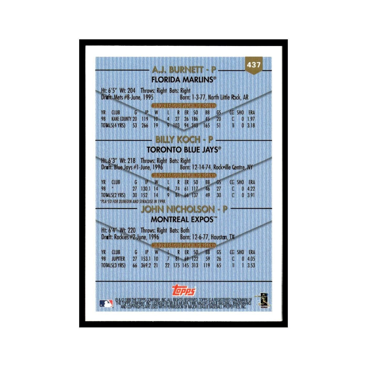A.J. Burnett Billy Koch John Nicholson Rookie 1999 Topps #437 Baseball Card NM