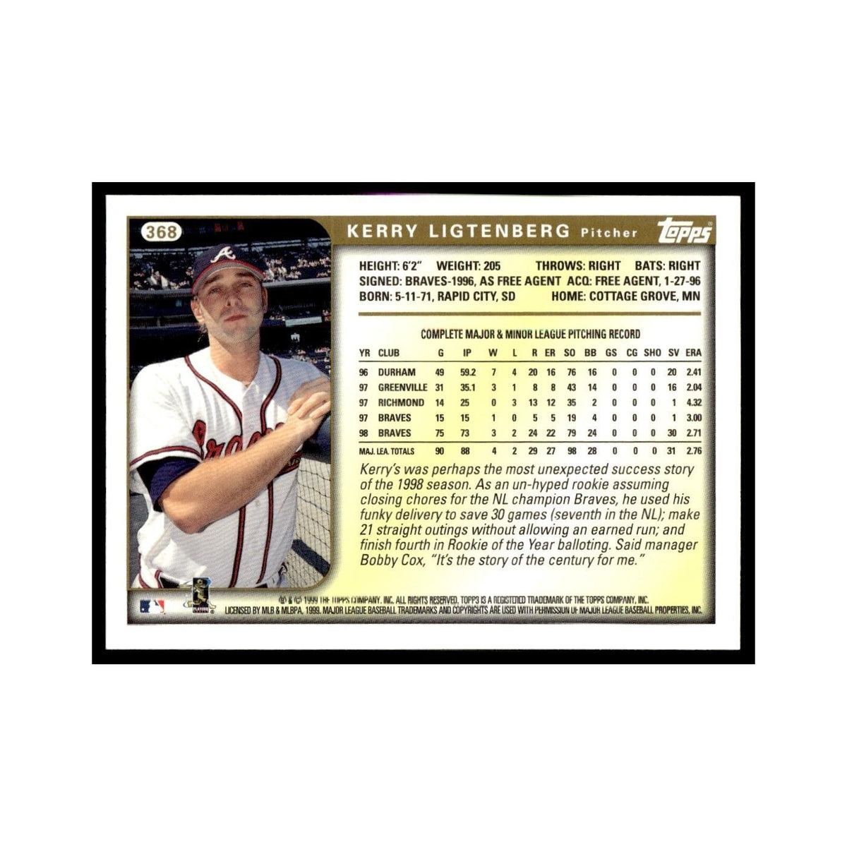 Kerry Ligtenberg Rookie 1999 Topps #368 Atlanta Braves Baseball Card NM