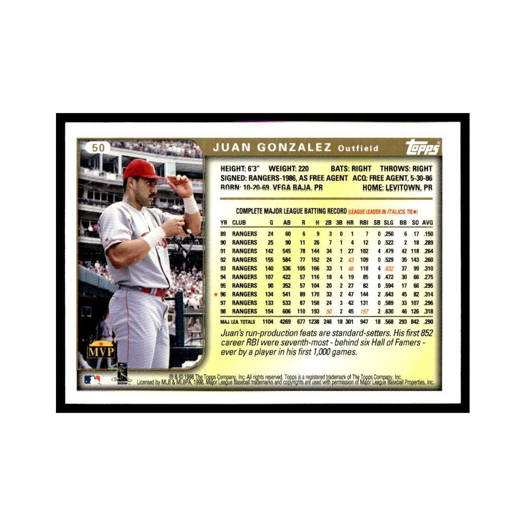 Juan Gonzalez 1999 Topps #50 Texas Rangers Baseball Card NM
