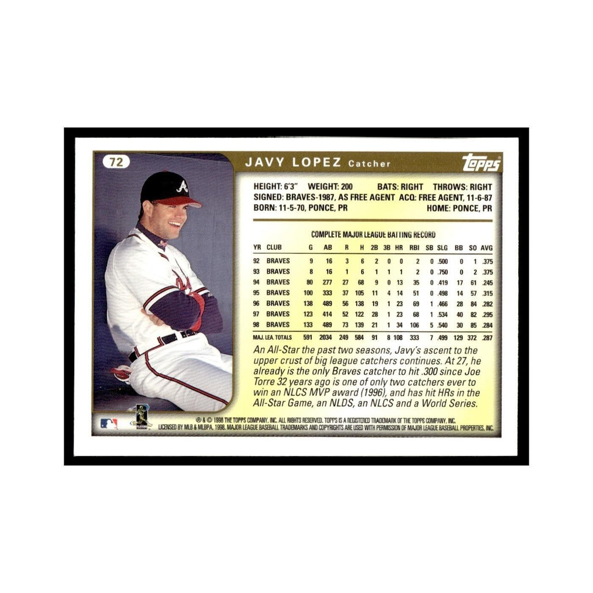 Javy Lopez 1999 Topps #72 Atlanta Braves Baseball Card NM