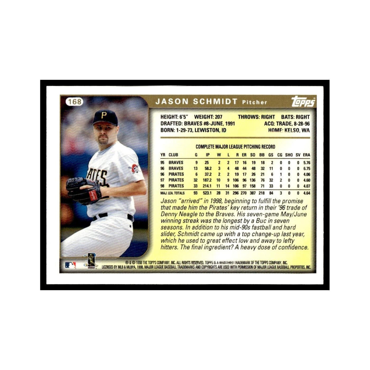Jason Schmidt 1999 Topps #168 Pittsburgh Pirates Baseball Card NM