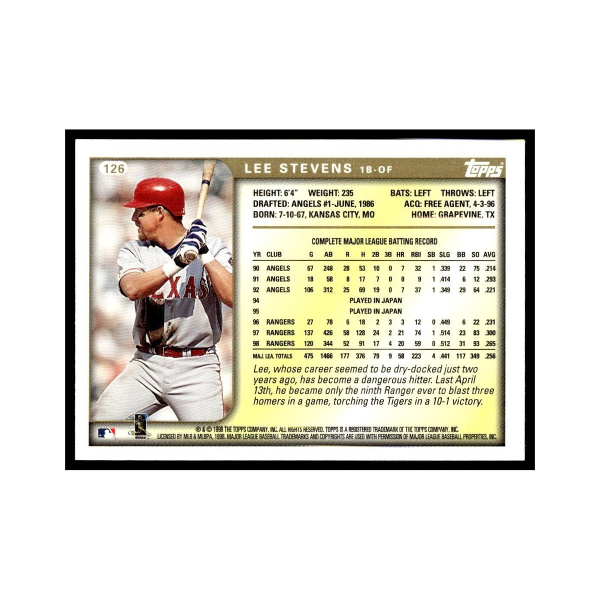 Lee Stevens 1999 Topps #126 Texas Rangers Baseball Card NM