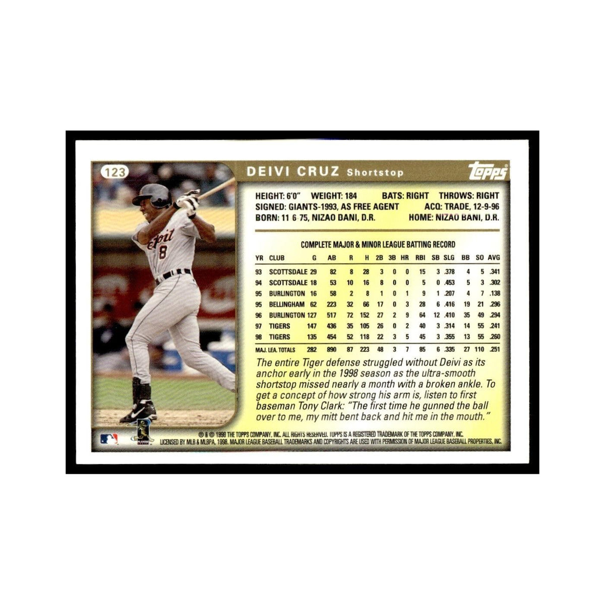 Deivi Cruz 1999 Topps #123 Detroit Tigers Baseball Card NM
