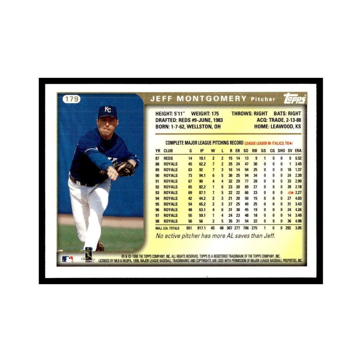 Jeff Montgomery 1999 Topps #179 Kansas City Royals Baseball Card NM