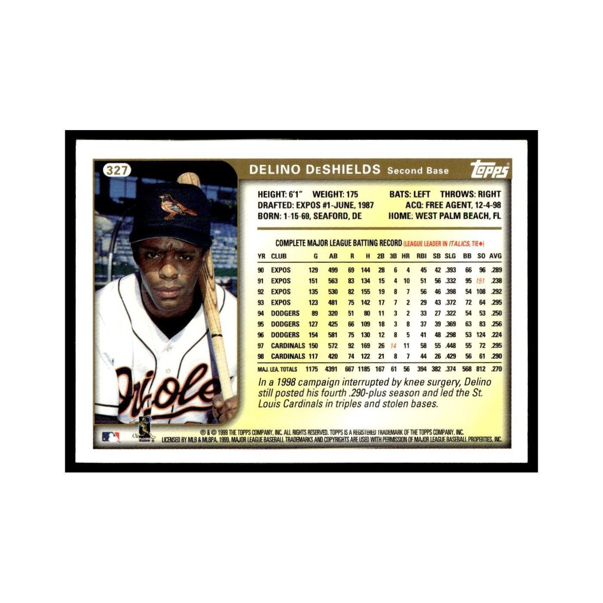 Delino DeShields 1999 Topps #327 Baltimore Orioles Baseball Card NM
