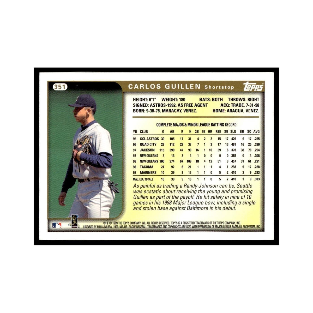 Carlos Guillen 1999 Topps #351 Seattle Mariners Baseball Card NM