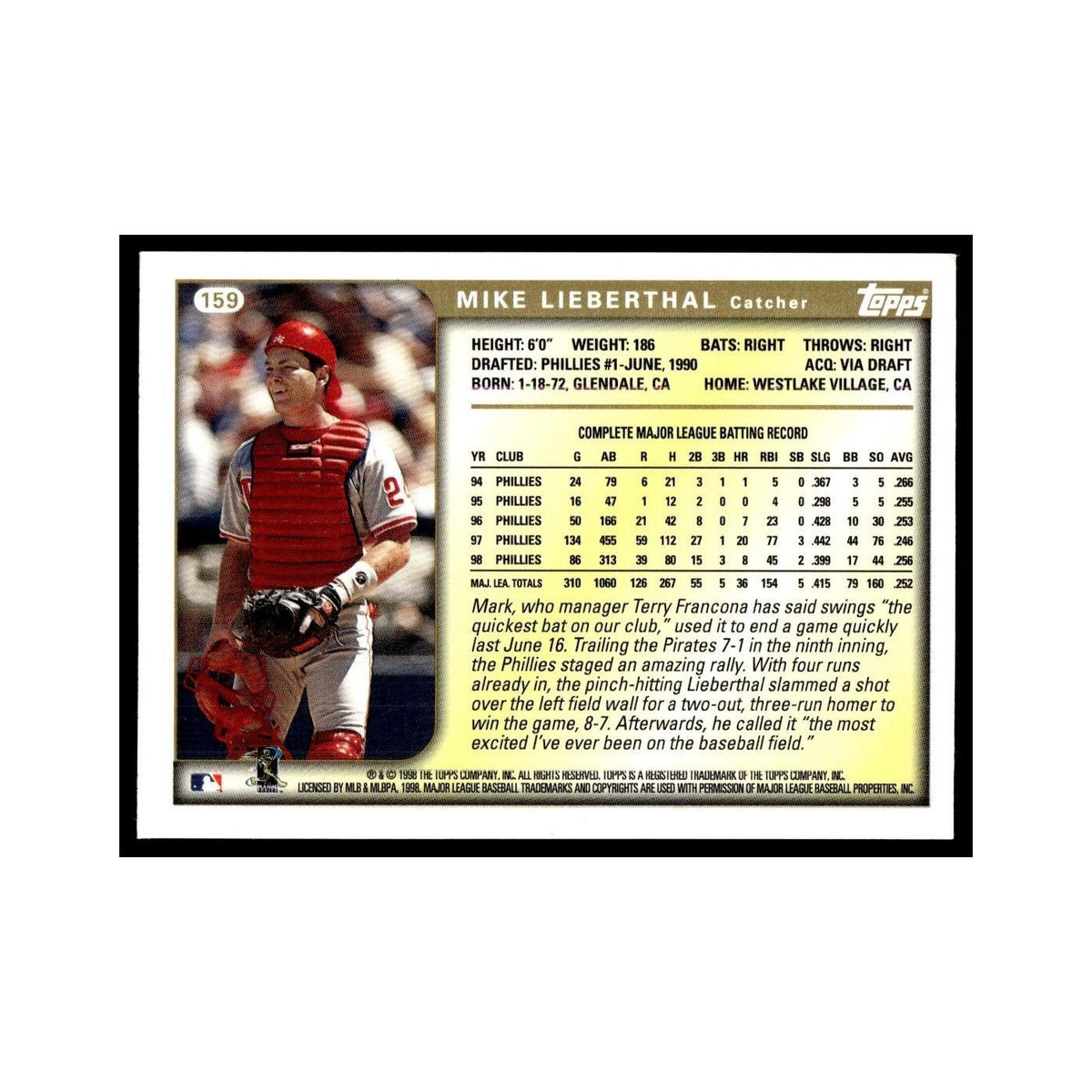 Mike Lieberthal 1999 Topps #159 Philadelphia Phillies Baseball Card NM