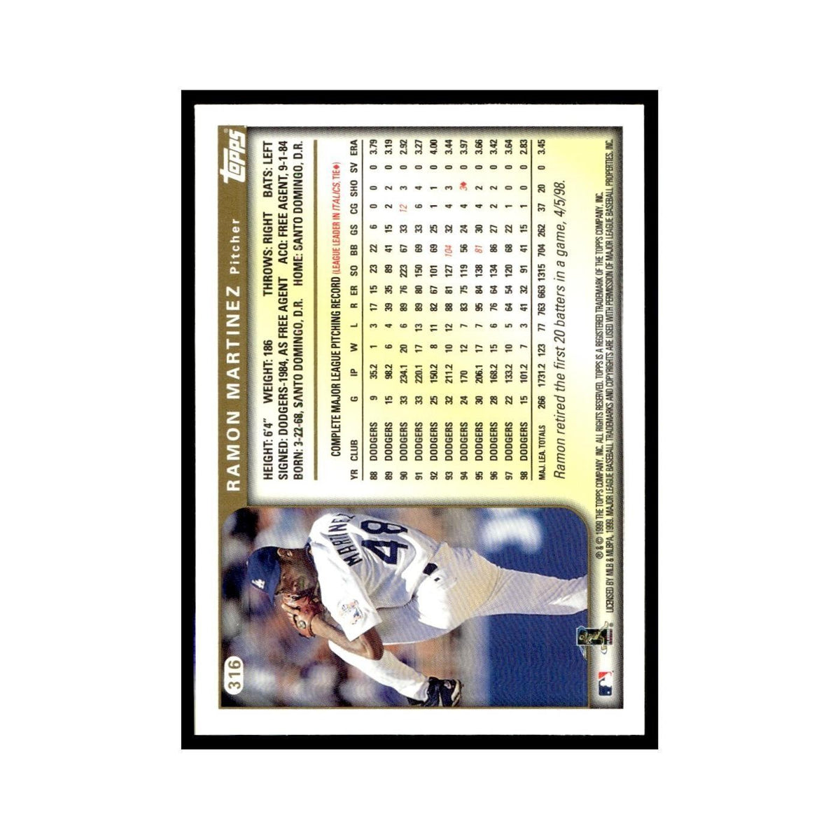 Ramon Martinez 1999 Topps #316 Los Angeles Dodgers Baseball Card NM