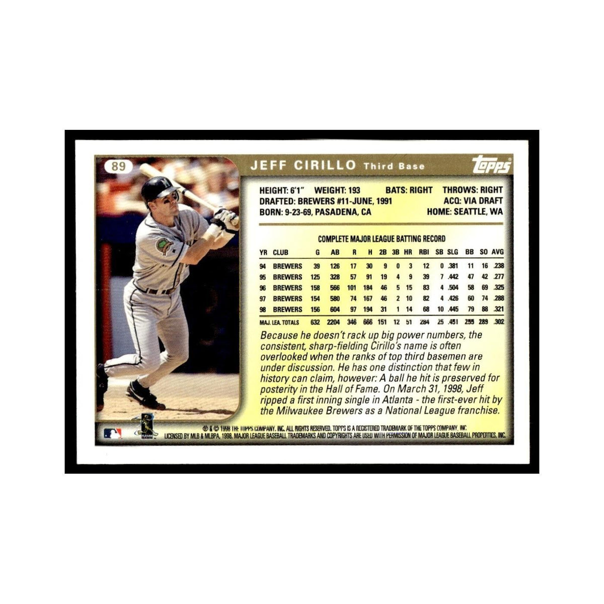 Jeff Cirillo 1999 Topps #89 Milwaukee Brewers Baseball Card NM