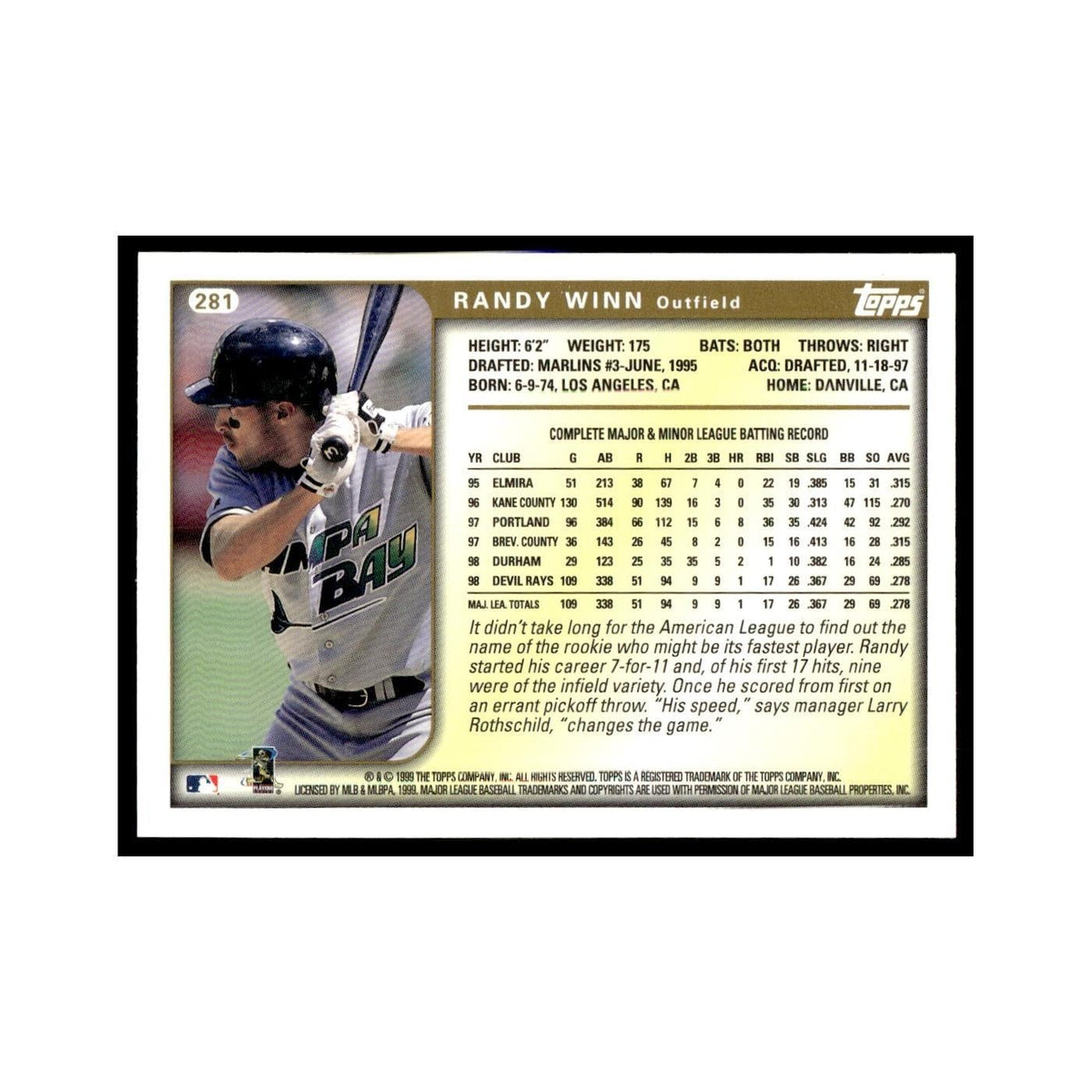 Randy Winn 1999 Topps #281 Tampa Bay Devil Rays Baseball Card NM