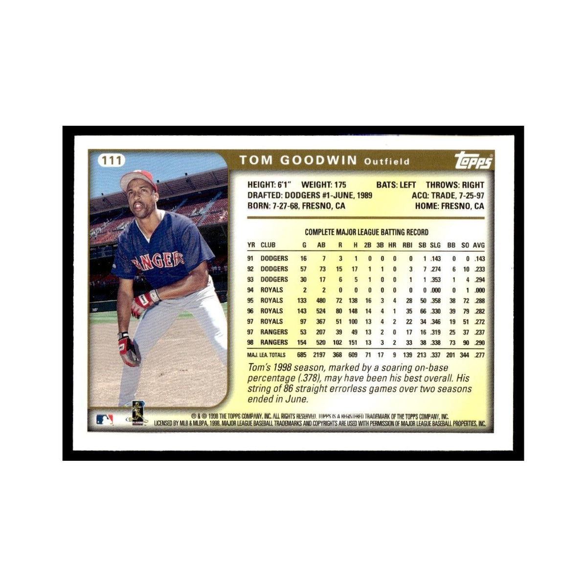 Tom Goodwin 1999 Topps #111 Texas Rangers Baseball Card NM