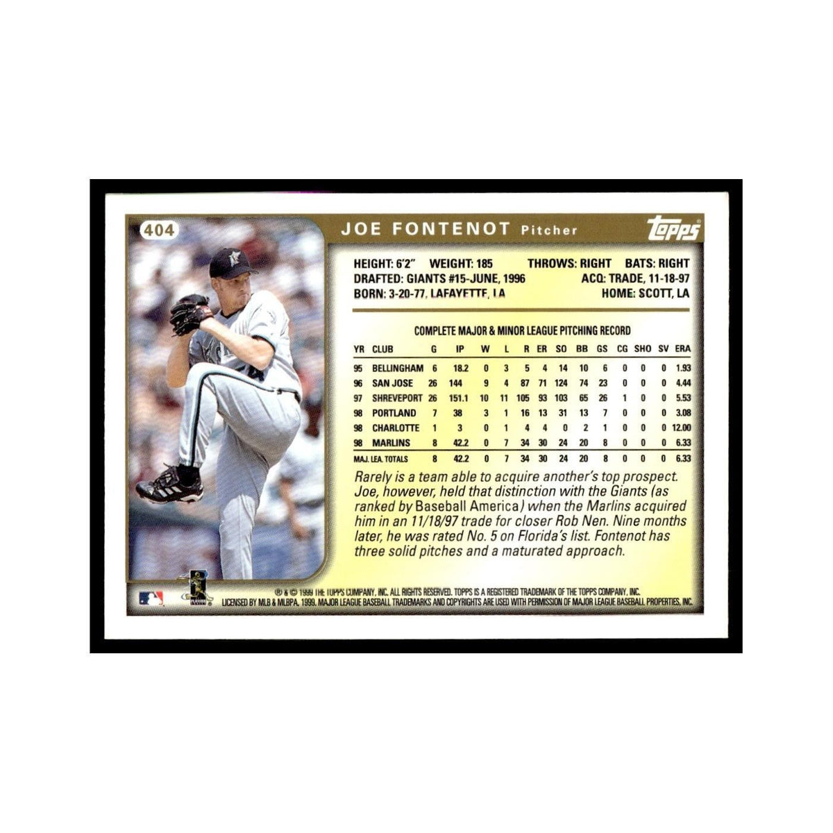 Joe Fontenot 1999 Topps #404 Florida Marlins Baseball Card NM