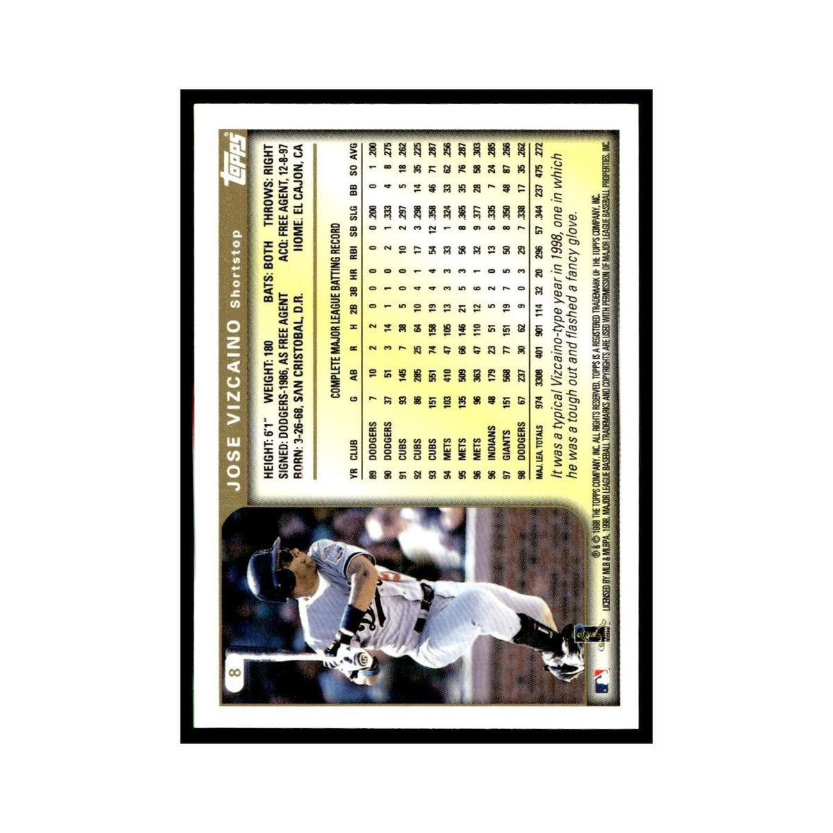 Jose Vizcaino 1999 Topps #8 Los Angeles Dodgers Baseball Card NM