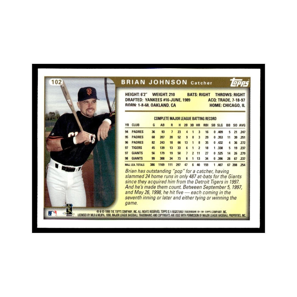 Brian Johnson 1999 Topps #102 San Francisco Giants Baseball Card NM