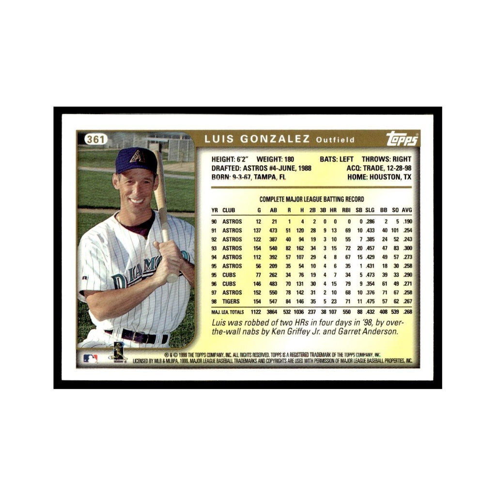 Luis Gonzalez 1999 Topps #361 Arizona Diamondbacks Baseball Card NM