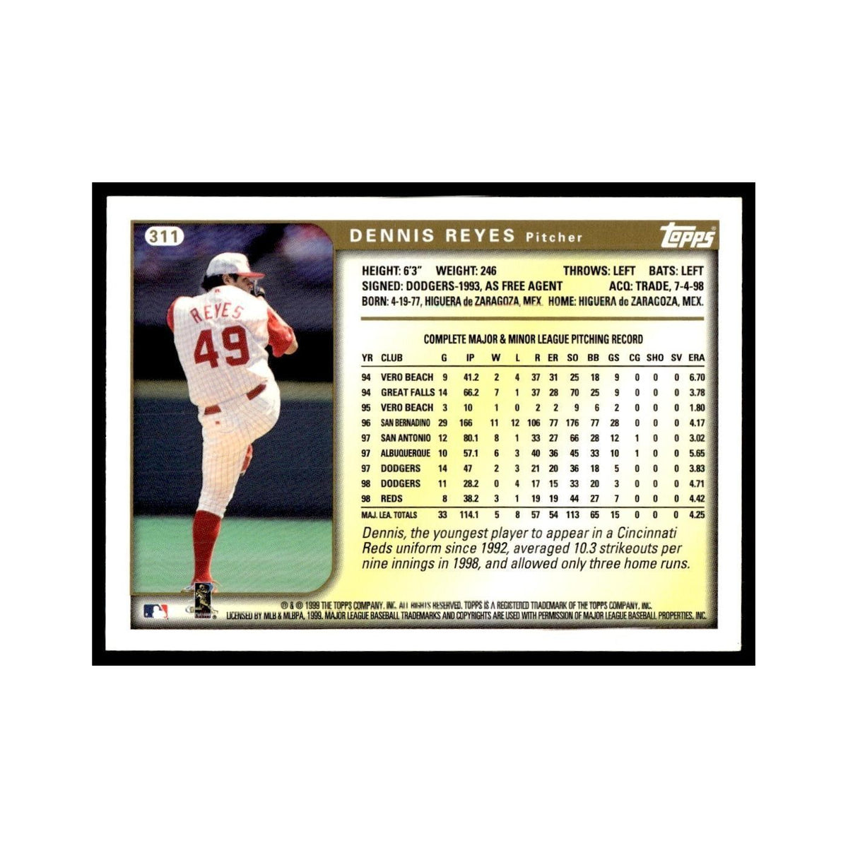 Dennis Reyes 1999 Topps #311 Cincinnati Reds Baseball Card NM
