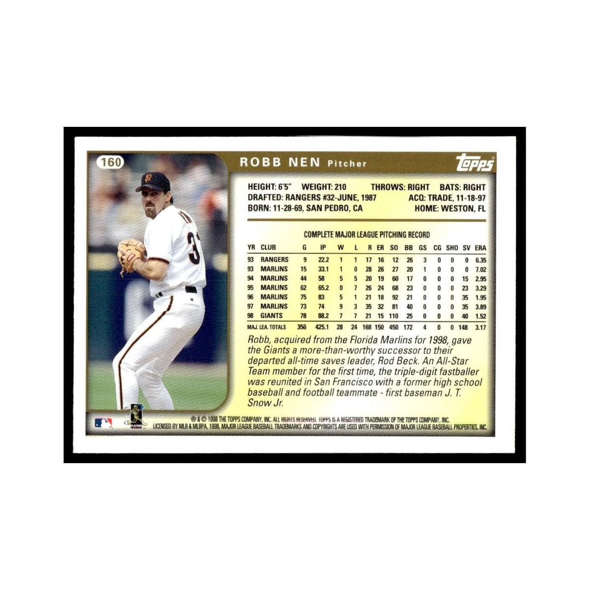 Robb Nen 1999 Topps #160 San Francisco Giants Baseball Card NM