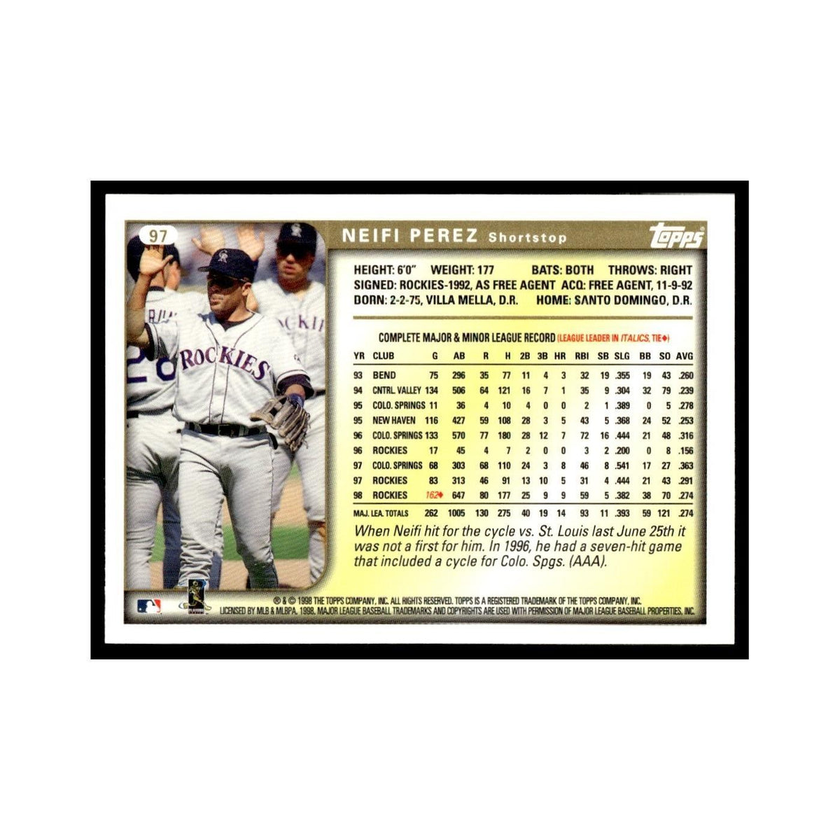 Neifi Perez 1999 Topps #97 Colorado Rockies Baseball Card NM
