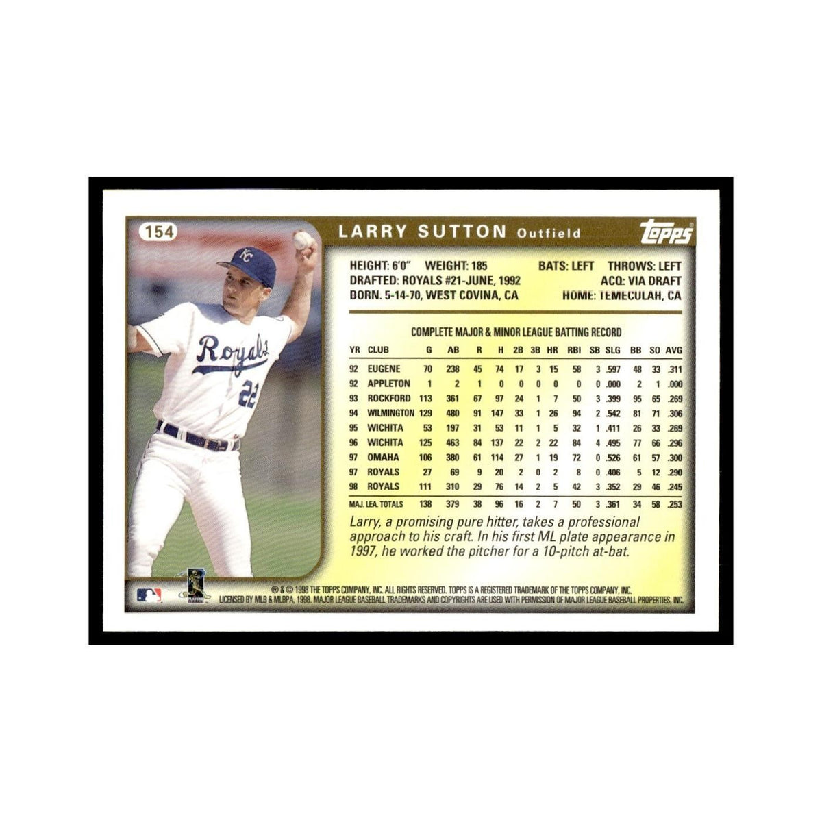 Larry Sutton 1999 Topps #154 Kansas City Royals Baseball Card NM