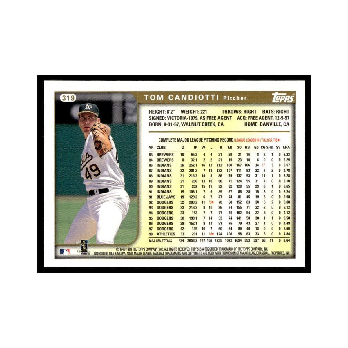 Tom Candiotti 1999 Topps #319 Oakland Athletics Baseball Card NM