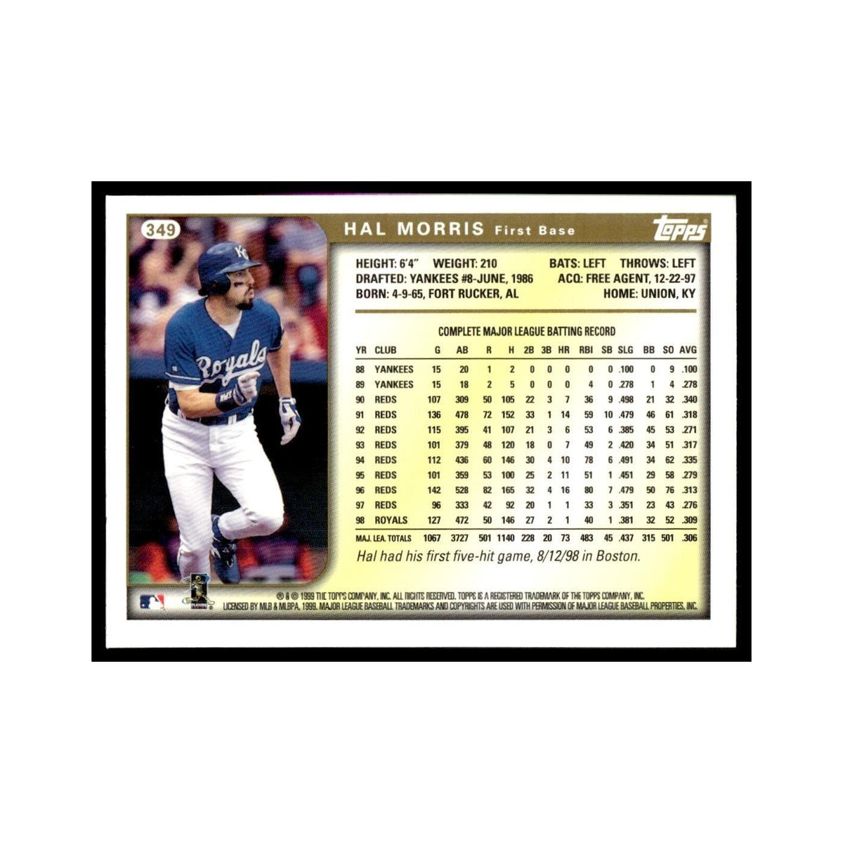 Hal Morris 1999 Topps #349 Kansas City Royals Baseball Card NM