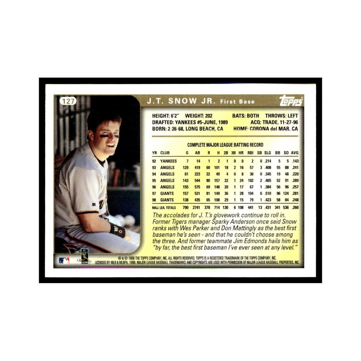 J.T. Snow 1999 Topps #127 San Francisco Giants Baseball Card NM